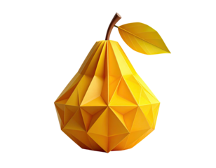 Digitally rendered yellow origami fruit with a stem and leaf isolated against a black backdrop