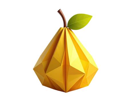 A geometric, bright yellow origami pear with a brown stem and a single green leaf