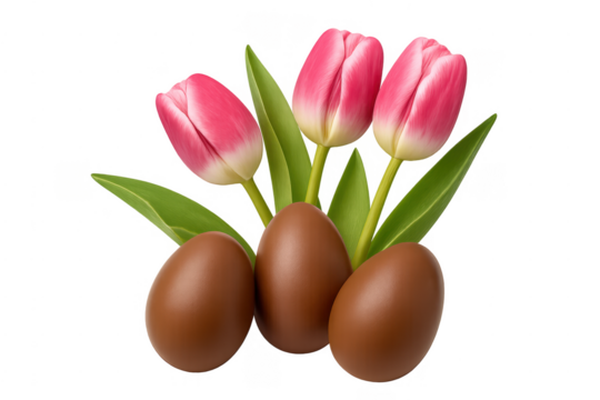 Pink tulips and chocolate eggs celebrating easter spring holiday