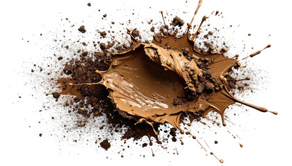 Overhead shot of a brown liquid splash amidst dark soil and light particulate matter