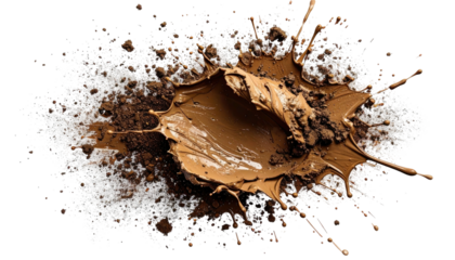 Overhead shot of a brown liquid splash amidst dark soil and light particulate matter