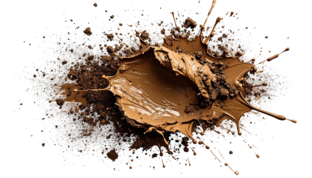 Overhead shot of a brown liquid splash amidst dark soil and light particulate matter
