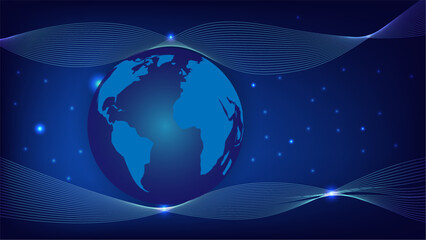 Abstract digital Earth with glowing blue wave lines and light particles, representing global connectivity, technology and modern communication