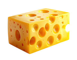 A vibrant, close-up shot of a perfect cube of Swiss cheese isolated on a black background