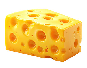 A close-up view of a vibrant yellow Swiss-style cheese block with numerous holes