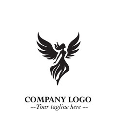 Obraz premium Elegant Black Angel Woman Silhouette Logo Symbol on White Background