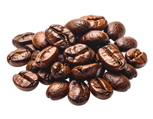 Close-up studio shot shows a pile of freshly roasted coffee beans against a black backdrop