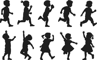 Playful children silhouette vector set, boys and girls running walking jumping dancing, energetic childhood activity poses, black isolated kids illustrations