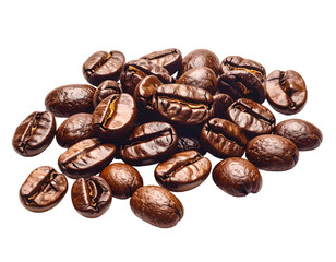 Close-up of roasted coffee beans in a heap against a black background