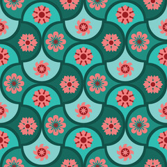 Abstract retro flower pattern inside teal geometric arches. Modern geometric floral seamless pattern with pink decorative flowers