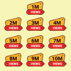 Online Content Views Milestones Badges Collection. Set of red million views stickers, labels, and tags for video promotion and retail signs