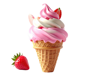Swirled pink and white ice cream cone with strawberries, isolated on black background