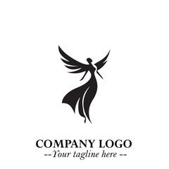 Elegant Black Angel Woman Silhouette Logo Symbol on White Background