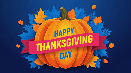 Modern Happy Thanksgiving Day banner featuring an orange pumpkin and colorful leaves on a blue background, perfect for a seasonal website header
