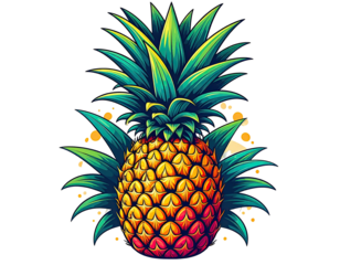 Vibrant illustration of a pineapple with detailed leaves against a black background