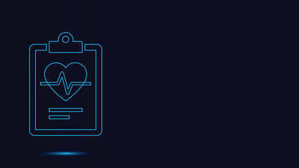 Futuristic Neon Blue Medical Record Icon Showing Healthy Heartbeat Rhythm On A Clipboard Document Displaying Cardiovascular Health Data And Patient Information On A Dark Digital Background