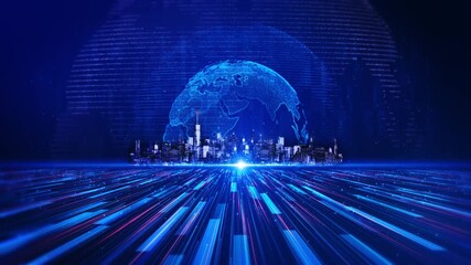 Futuristic network connection and data communication. Technology concept. Metaverse city Network connections showing data communication, cloud computing. Digital futuristic business background - Powered by Adobe