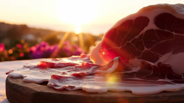 Thin slices of prosciutto rest on a wooden board as the sun sets, casting a warm glow over the scene. The prosciutto reflects the soft sunlight, enhancing the calming atmosphere.