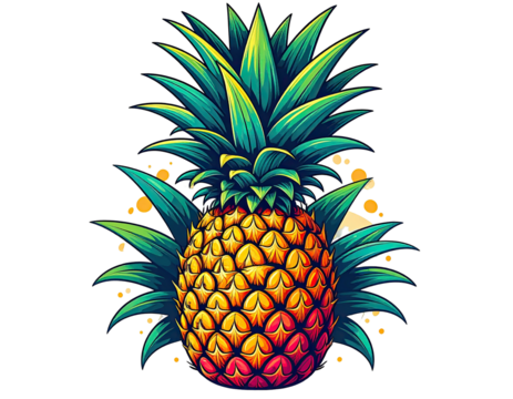 Vibrant illustration of a pineapple with detailed leaves against a black background