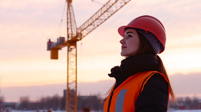 Female construction worker in a red hard hat and orange safety vest looks towards the sky. A yellow crane rises behind her silhouetted by the sunset. Safety first! - Powered by Adobe