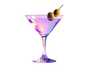 Cocktail in a classic martini glass with olives on a cocktail stick against a black backdrop