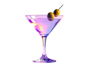 Cocktail in a classic martini glass with olives on a cocktail stick against a black backdrop