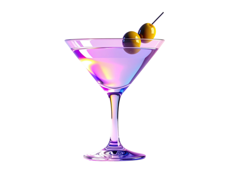 Cocktail in a classic martini glass with olives on a cocktail stick against a black backdrop