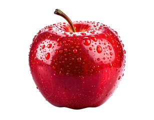 Close-up of a glossy, perfectly formed red apple covered in tiny water droplets