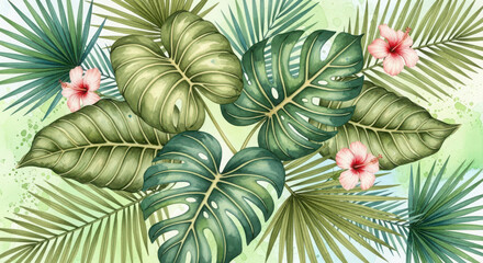 Tropical Jungle Leaves and Flowers Watercolor Art