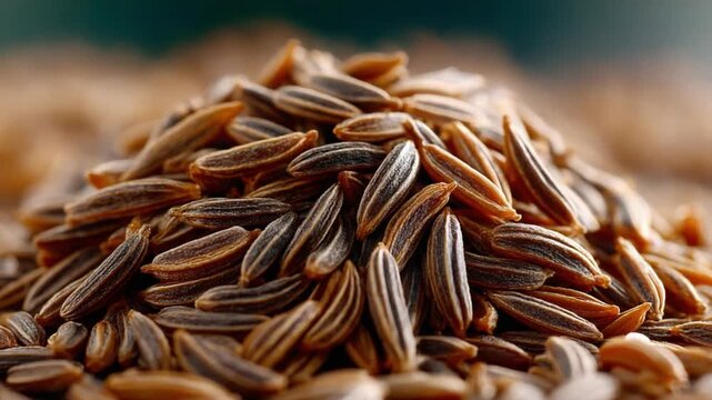 Aromatic Cumin Seeds: A close-up view of a heap of aromatic cumin seeds, showcasing their unique texture and rich, earthy hues, perfect for culinary use.