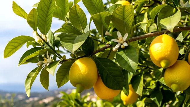 Lemon Tree Branch with Ripe Yellow Lemons and Green Leaves in a Sunny Orchard.