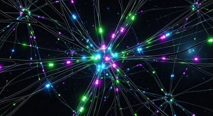 Vibrant neuron network glows with connections, illustrating cutting-edge technology and innovative scientific research for medical breakthroughs and AI advancements