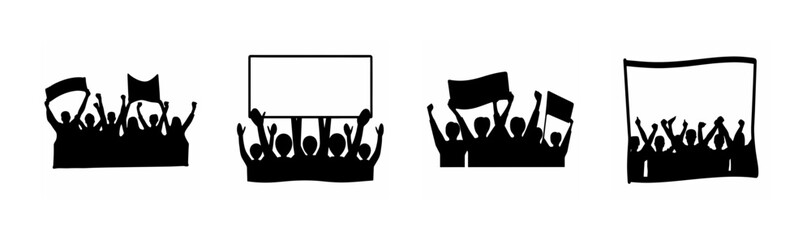 Crowd silhouette protesting with flags and signs, vector illustration set.