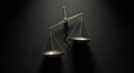 Symbolic scales of justice fractured on dark textured background, representing legal issues, decisions, and conflict resolution in business and society
