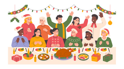Holiday Feast Gathering: A vibrant illustration captures the essence of holiday cheer, showing a diverse group gathered around a festive dining table filled with a delightful array of culinary treats.