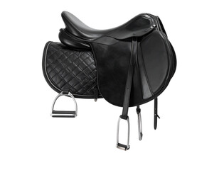 Minimalist Black Leather Saddle on Invisible Stand, Three-Quarter Angle, Transparent Background