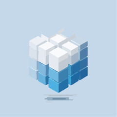 Obraz premium Dynamic isometric representation of stacked blue and white blocks, symbolizing digital information architecture, structured data networks, and foundational elements of modern technology