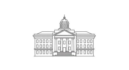 Detailed outline of a classic courthouse building, perfect for architectural designs or historical illustrations, conveys strength, justice, and timeless elegance