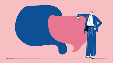 Business figure standing beside oversized speech bubble for communication, dialogue and marketing visuals