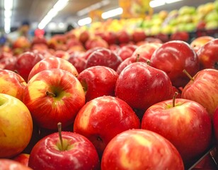 Fresh Red and Yellow Apples Displayed at Grocery Store.