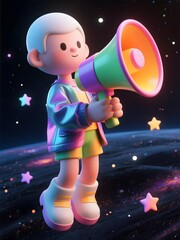 boy holding rainbow megaphone on the space background