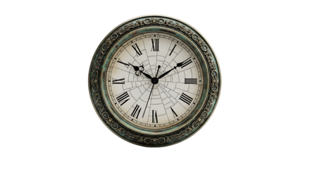 Vintage ornate wall clock with roman numerals, isolated on background isolated on transparent background