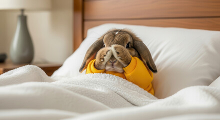 Adorable rabbit in cozy yellow sweater snuggled under soft white blanket, resting comfortably in a warm bedroom, promoting health and well-being during winter season