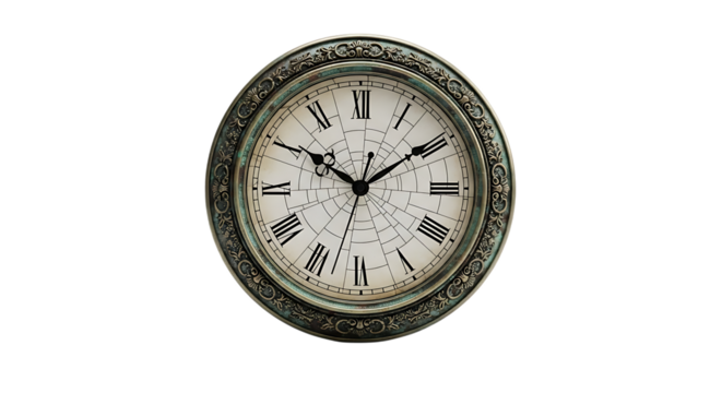 Vintage ornate wall clock with roman numerals, isolated on background isolated on transparent background