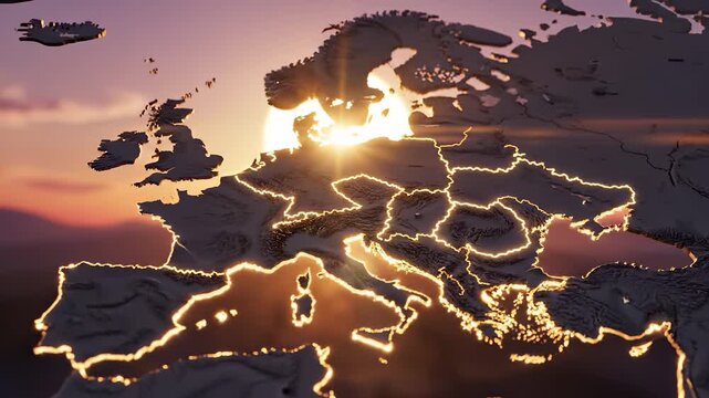A stunning sunset casts a warm glow over a 3D map of Europe as the sun rises behind the continent. The glowing borders of Europe highlight key regions, emphasizing its beauty.