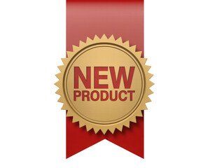 New product launch promotion sale offer discount announcement ribbon badge gold label marketing advertising on transparent background