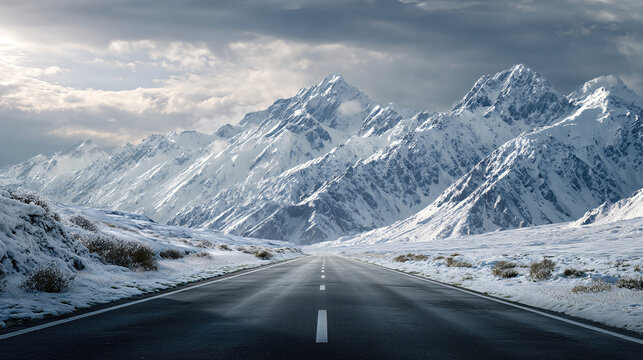 Winter road adventure snowy mountains landscape photography cold environment wide angle nature's beauty