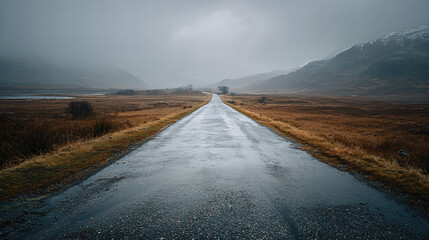 Mysterious rainy road journey scottish highlands landscape photography moody environment wide angle view adventure theme