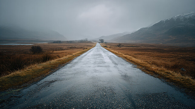 Mysterious rainy road journey scottish highlands landscape photography moody environment wide angle view adventure theme