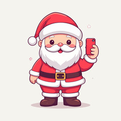 Santa Claus Taking a Selfie Cheerful Holiday Cartoon Illustration, Cute Santa, Red Suit and Mobile Device